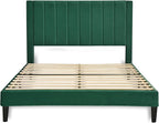 Allewie Queen Bed Frame/Velvet Upholstered Bed Frame with Vertical Channel Tufted Headboard/Strong Wooden Slats/Platform Bed Frame/Mattress Foundation/Box Spring Optional/Easy Assembly/Green