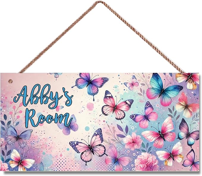 Personalized Name's Pretty Colorful Butterflies Nursery Kid's Children's Girls Bedroom Door Sign Wood Plaque Sign Butterfly Wall Decor Wall Art Decor Decorative Plate