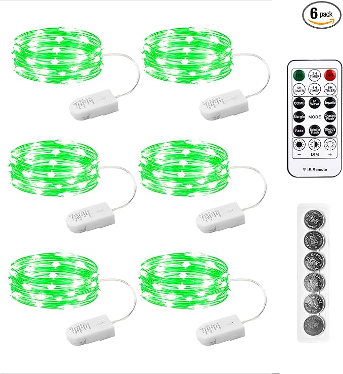 6PCS Green Fairy Lights Battery Powered with Remote, 7ft 20Leds Changing Twinkle String Lights with Timer, Waterproof Small Silver Wire Firefly Starry for DIY Wedding Party Christmas