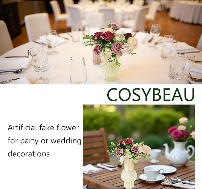 Artificial Fake Flowers 26pcs Roses, Mixed White & Burgundy Faux Flower for DIY Wedding Bouquet Bridal Shower Centerpieces Floral Arrangements Party Table Home Decorations
