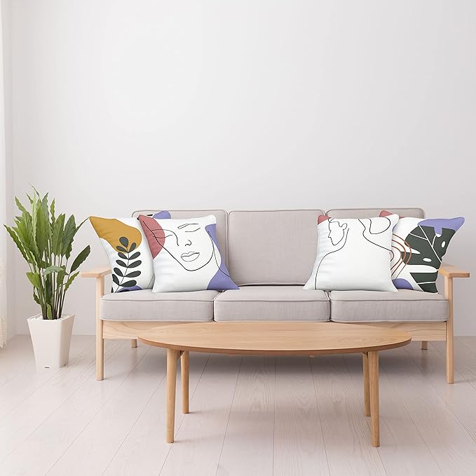 Ambesonne Minimal Throw Pillow Cushion Case Pack of 4, Modern Line Art Woman Portrait Contemporary Leafy Geometric Details, Modern Accent Double-Sided Digital Printing, 24", Lavender Amber Pale Rust
