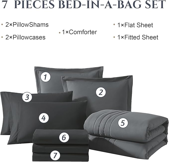 Monbix Queen Comforter Set - 7 Pieces Grey Bed in a Bag Queen Bedding Sets with Comforters, All Seasons Down Alternative Comforter Bed Set with Sheets,Pillowcases & Shams