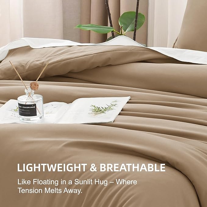 Litanika Taupe Comforter Set Queen Size, 3 Pieces Solid Bedding Comforter Set, All Season Fluffy Bed Set (90x90In Comforter & 2 Pillowcases)