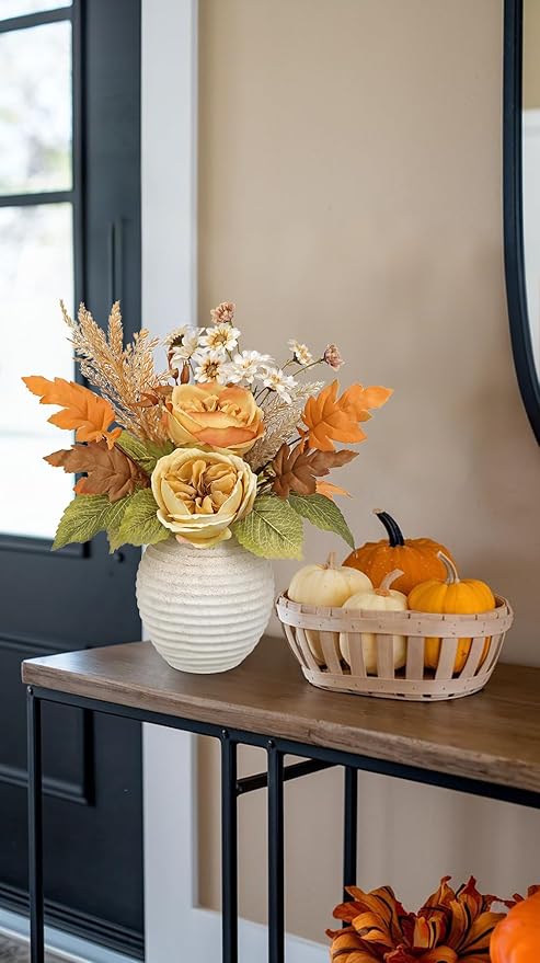 Artificial Fall Floral Centerpiece with Vase, Fake Flowers for Autumn Table Decorations, Silk Rose & Maple Leaves Arrangement, Rustic Cement Vase Harvest Decor for Dining Table, Kitchen, Living Room