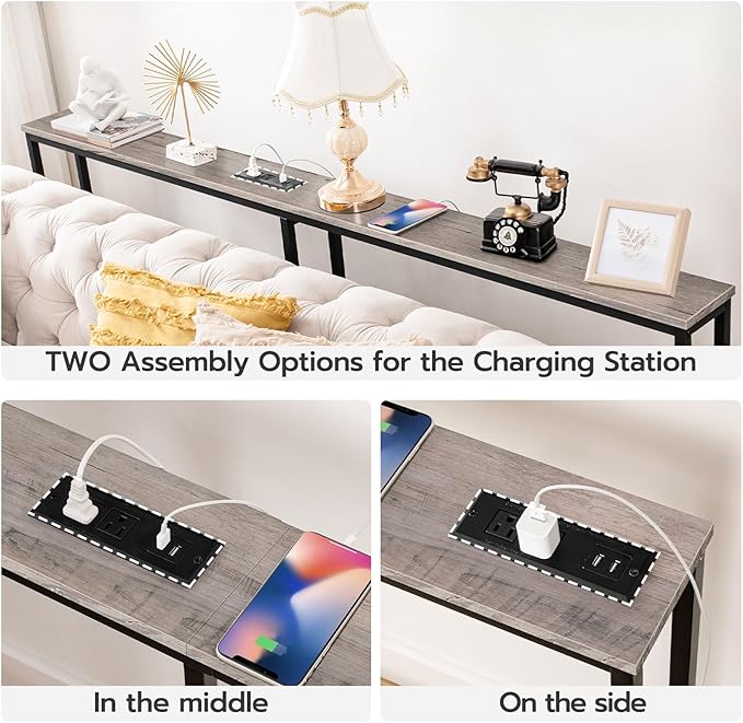 HOOBRO 70.9" Narrow Console Table with Charging Station, 5.9" Sofa Table with 2 Power Outlets and USB Ports, Long Entryway Tables Behind Couch Table, for Hallway, Living Room, Greige BG185UXG01