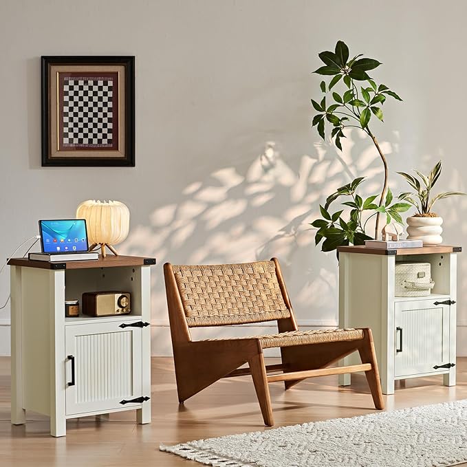 Nightstand with Charger Station and USB Port, 18 Inch Farmhouse Night Stand with Storage Shelf, Modern Couch Side Table with Magnetic Door, Bedside Tables for Bedroom, Home, Antique White