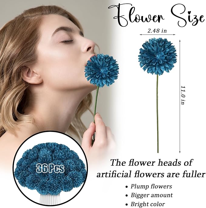 36 Pcs Artificial Chrysanthemums Flowers Silk Teal Ball Flower Fake Mums Flowers for Christmas Wedding Floral Table Centerpiece Home Decor