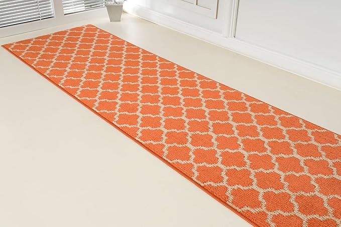Custom Size Moroccan Trellis Runner Rug Mat for Wide Hallway Entryway Kitchen Laundry Room with Slip Resistant Latex Rubber Backing, Trellis Orange, 31 inch X 12 feet