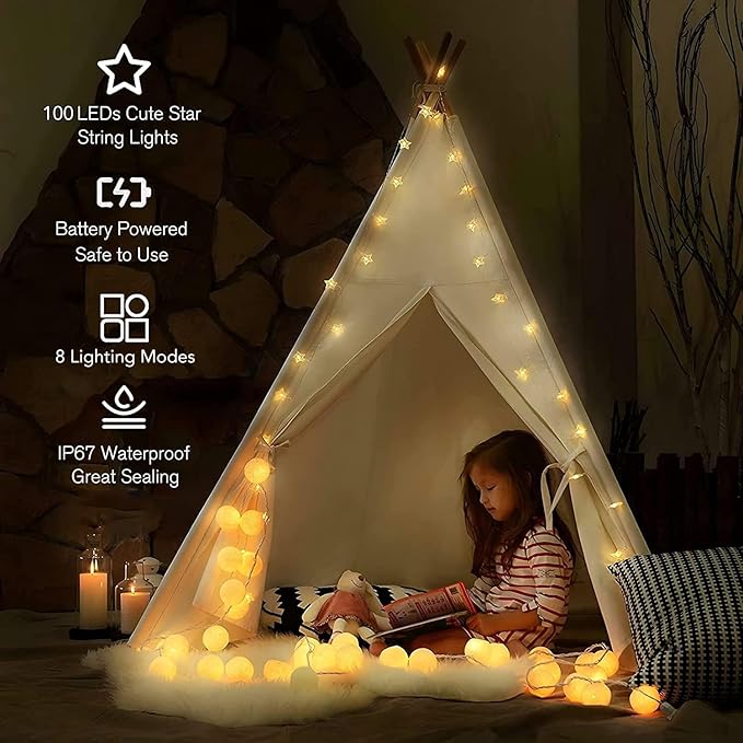 ANJAYLIA Star Lights 100 LED 32 FT Battery Operated String Lights Battery Power Star Fairy Lights for Bedroom Indoor & Outdoor, Party, Ramadan, Christmas Decorations Warm White