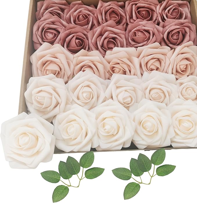Artificial Flowers 25pcs Roses, Shade of Caramel Foam Fake Rose Faux Flower for DIY Wedding Bouquets Bridal Shower Centerpieces Floral Arrangements Party Tables Home Decorations