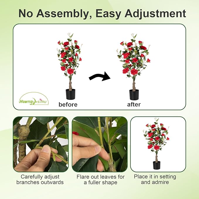 Artificial Rose Flower Trees 2 Pack- 38’’ Lifelike Plant in Pot with Red Flowers Decorative Rose Trees for Home, Office, Wedding, and Event Decor, Red