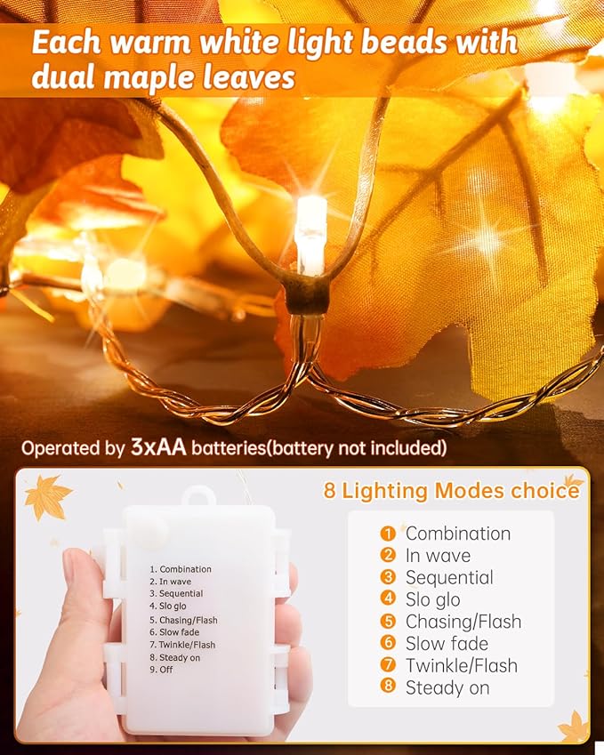 2Pack [8 Lighting Modes & Timer] Fall Decor Maple Leaf Garland with Lights 80LED Battery Operated Waterproof, Fall Decorations for Home Outdoor Indoor Thanksgiving Decor Halloween Friendsgiving Autumn