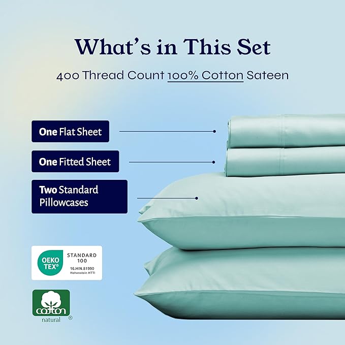 California Design Den Full Size Bed Sheets Set - Soft 400 Thread Count Sateen, Natural 100% Cotton Sheets with Deep Pockets, Breathable, Cooling and Durable Bedding Set - Seafoam
