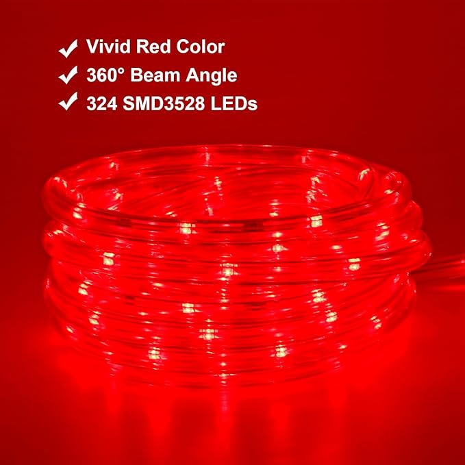48ft Red LED Rope Lights Outdoor Waterproof - 324 LEDs Christmas Rope Lights, 120V ETL Certified, Connectable to 192ft, w/24 Mounting Clips & Screws for Holiday Decor