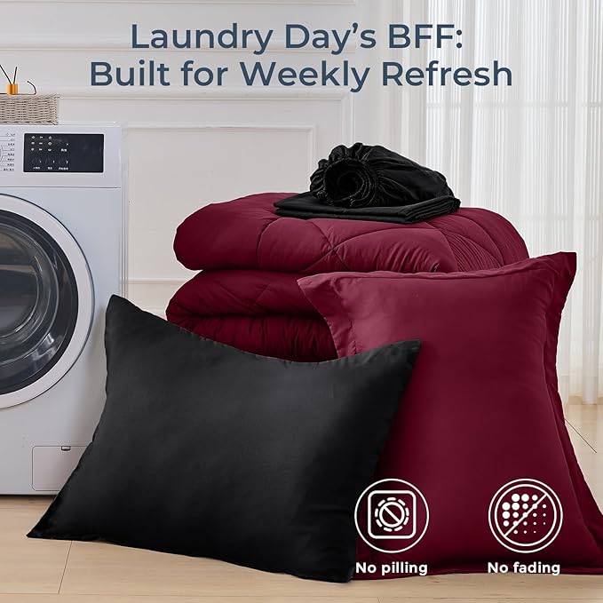 HEVUMYI Red & Black Twin Comforter Set - 5-Piece All Season Bed in a Bag Twin, Ultra Soft Burgundy Bedding Set with Comforter, Flat Sheet, Fitted Sheet, Pillowcases, Pillow Shams, Burgundy Red & Black