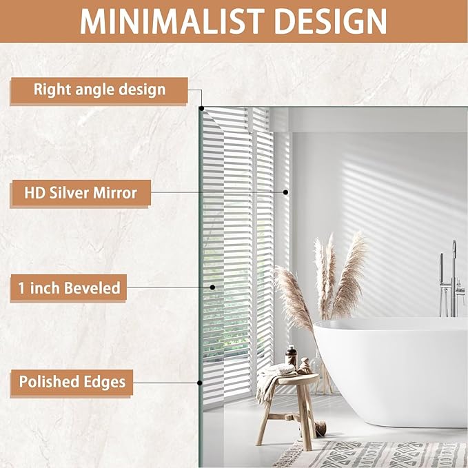 Frameless Mirror for Bathroom Vanity,36x48in Wall Mounted Mirrors for Over Sink Decorative Rectangular Frameless Mirror,With Polished Edge,Hangs Horizontally Or Vertically,Entryways,Room,Shatterproof