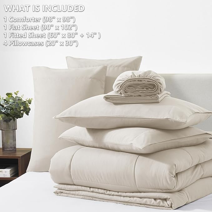 CozyLux Oversized Queen Comforter Sets Beige, 7 Pieces Bed in a Bag, Ultra-Soft All Season Bedding Sets with Stitch Quilted Comforter, Flat Sheet, Fitted Sheet, Pillowcases, Beige