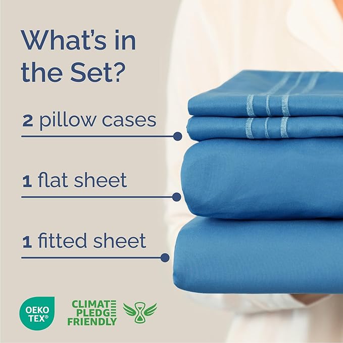 Queen Size 4 Piece Sheet Set - Comfy Breathable & Cooling Bed Sheets Set - Hotel Luxury Bedding for Women, Men, Kids, Teens, Boys & Girls - Deep Pockets, Soft and Wrinkle Free - Oeko-Tex - Denim Blue
