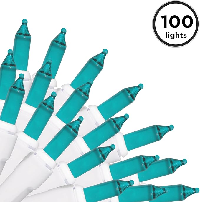 Brite Star 100 Count Mini String Christmas Lights, Teal - 22 feet Indoor/Outdoor Christmas Tree Lights with White Wire