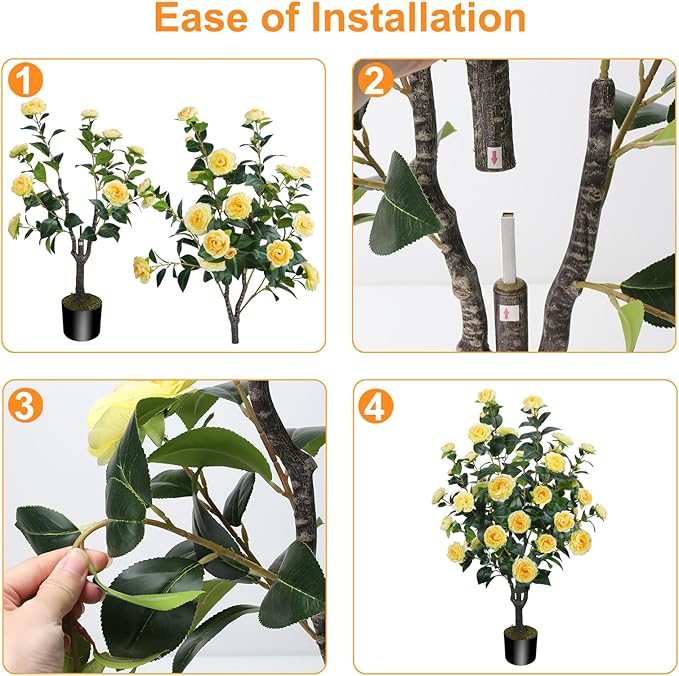 3.6FT Artificial Camellia Fake Tree, Artificial Plants & Flowers with 32 Yellow Flowers for Door Front Decoration Porch Patio Living Room Office Indoor Outdoor Decoration (Contains Dried Moss)