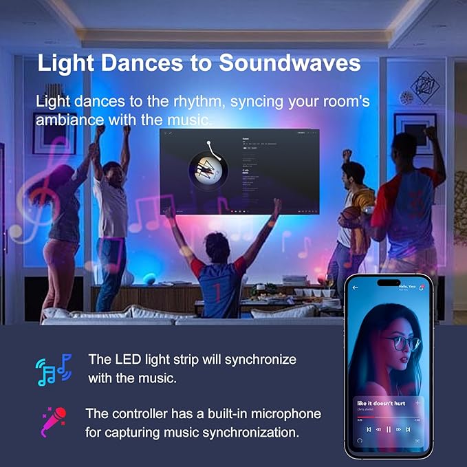 50 FT Led Lights for Bedroom,Lntelligent Application Remote Control Color Change LED Strip Lights, Music Synchronization Bluetooth RGB Lights, Used for Room, Home, Party Decoration