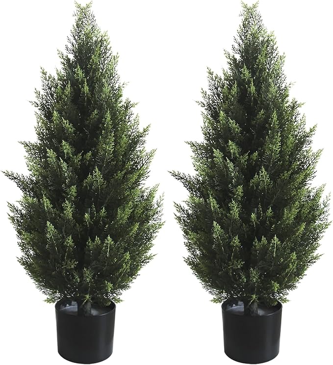 3FT Artificial Topiary Tree Realistic Faux Cedar Pines Christmas Trees UV Rated Fake Shrubs for Front Porch Faux Plants Indoor and Outdoor Decor (2 Pack)