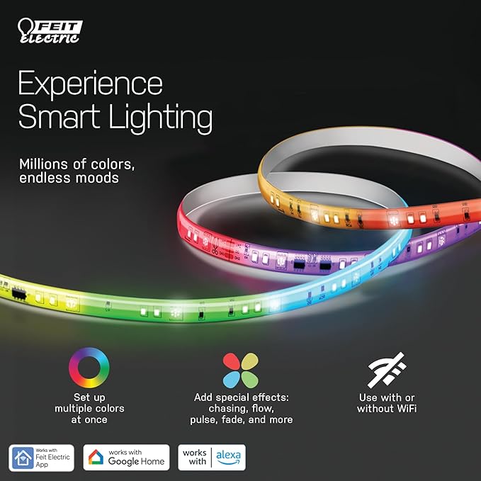 Feit Electric Smart Light Strip 16FT, Ultrathin RGBW Color Chasing LED Light Strip, 2.4GHz Wi-Fi Enabled, Works with Alexa and Google Home Assistant, Remote Control, (0.4in x 192in) TAPE192/CHASE/AG