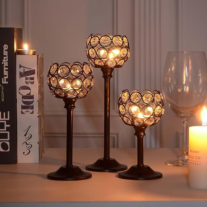 6pcs Crystal Candle Holder Set, 3 Sizes Tealight Candlestick Holders, Elegant Black Candelabra Bulk for Wedding Table Centerpiece, Fireplace, Home & Living Room Decor