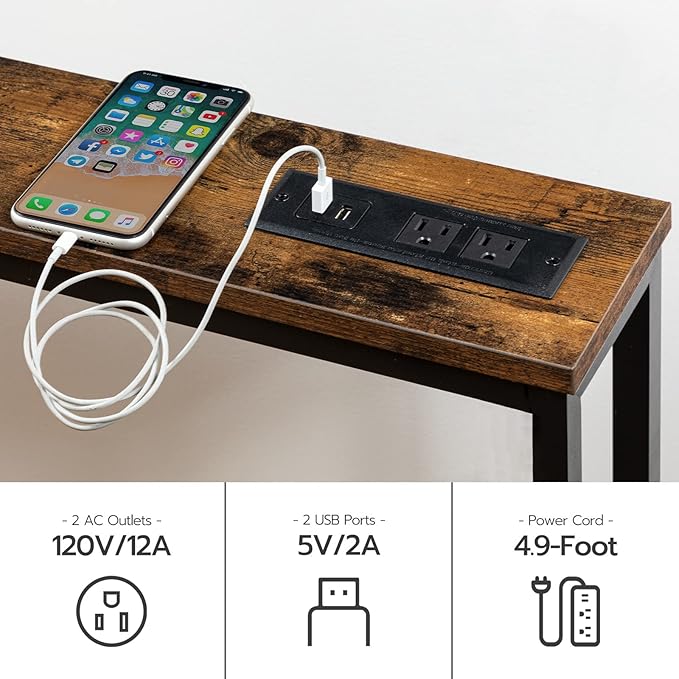 HOOBRO 47.2" Narrow Console Table with Power Outlet, 5.9" Behind Couch Table with Charging Station, Long Sofa Side Table, Skinny Entryway Table for Living Room, Hallway, Foyer, Rustic Brown BF15XG01G1