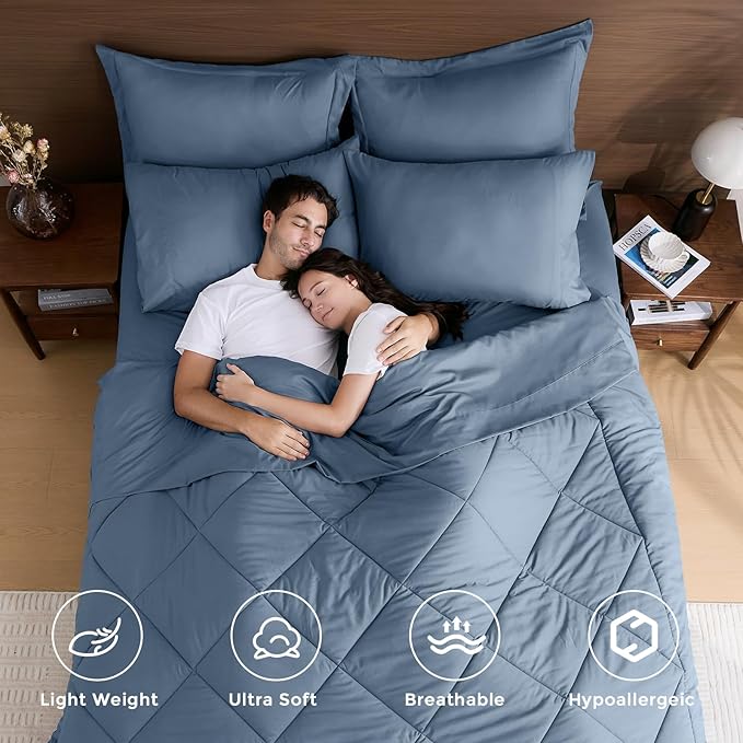 HEVUMYI Dusty Blue Twin Comforter Set - 5-Piece All Season Bed in a Bag Twin, Ultra Soft Bedding Set with Comforter, Flat Sheet, Fitted Sheet, Pillowcases, Pillow Shams