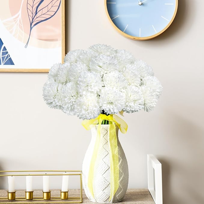 36 Pcs White Artificial Flowers Faux Ball Chrysanthemum Bouquet Silk Flowers Bridal Wedding Bouquet for Home Garden Party Office Coffee House Decoration (White)