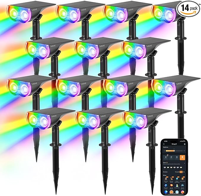 Linkind Smart Solar Spot Lights Outdoor SL5C, Solar Halloween Lights Color Changing APP/Voice Control Landscape Lighting, IP67 Spotlight Outdoor Waterproof for Yard, Garden, Pathway(14 Pack)