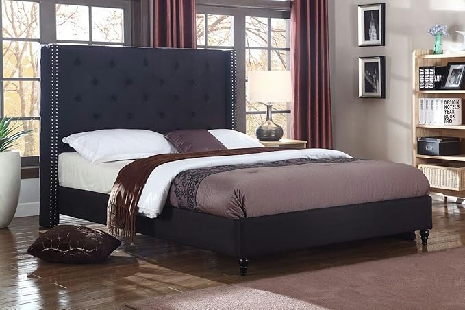 Home Life Linen Upholstered Platform Bed - Cloth Platform Bed with 51 Tall Headboard - Durable Wooden Slat Design - Easy to Assemble - Mattress Support - No Box Spring Needed - Full Size, Black