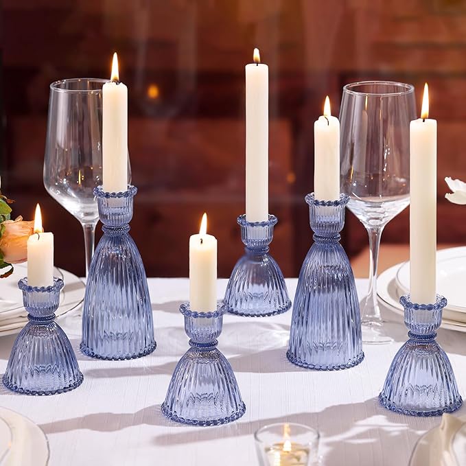 6 Pcs Blue Glass Candlestick Holders (3.5"/6", Assorted)- Tall Taper Candle Holders with Vintage Design, Candle Stick Holders in Bulk for Party Decorations, Blue Candle Holder for Tapered Candles