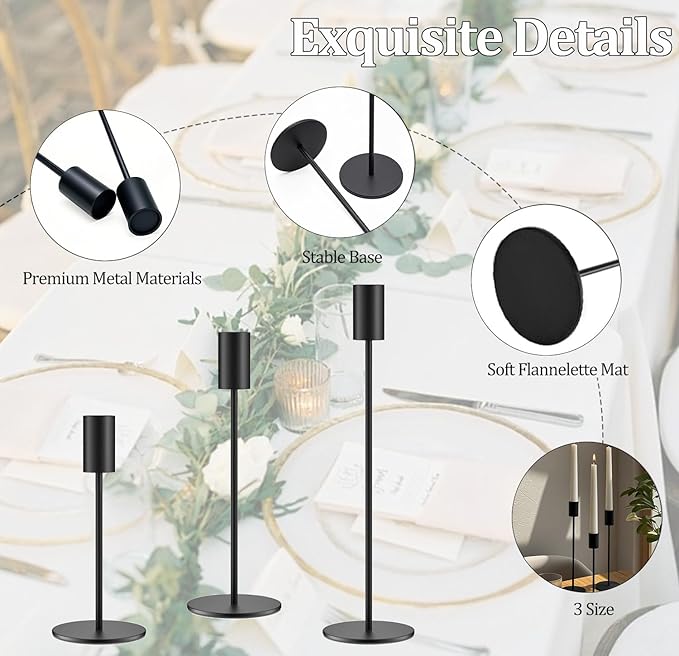 Set of 6 Black Taper Candle Holders, Metal Black Candlestick Holders, Tall Candle Holder, Fits 3/4 inch Thick Candle&Led Candles, for Table Centerpiece, Wedding, Dinning, Party Home Decor