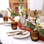 DEVI 8pcs Ribbed Amber Votive Candle Holder for Boho Wedding Decor, Amber Glass Candle Holder for Tea Lights, Vintage Boho Party Home able Decorations, Boho Fall Centerpiece Table Decorations,