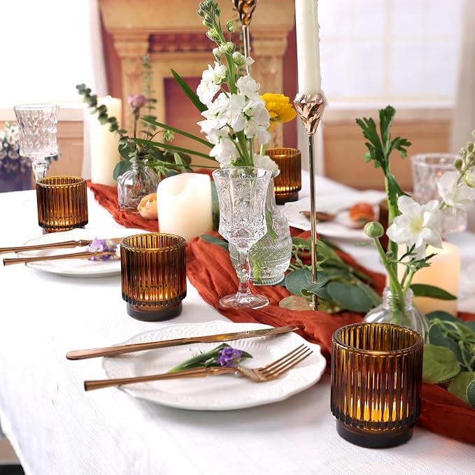 DEVI 8pcs Ribbed Amber Votive Candle Holder for Boho Wedding Decor, Amber Glass Candle Holder for Tea Lights, Vintage Boho Party Home able Decorations, Boho Fall Centerpiece Table Decorations,