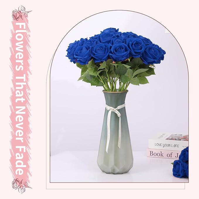 52 PCS Blue Artificial Roses Bulk, Fake Artificial Flowers Bridal Bouquet Silk Faux Rose with Stems for Wedding Flowers Decoration, Valentine's Day, Bridal Bouquet, Anniversary, Home Decor (52PCS)