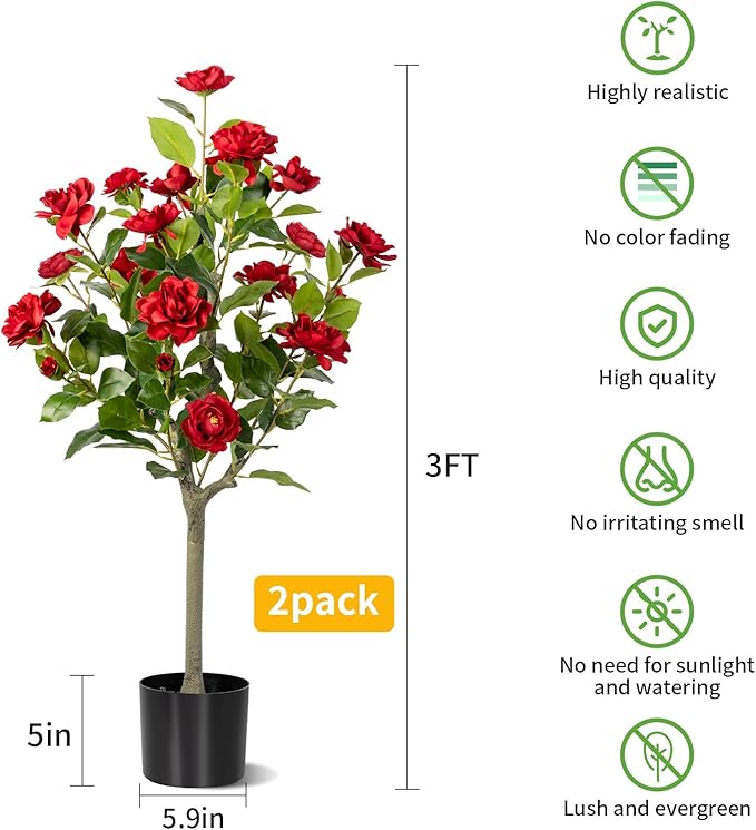 Artificial Camellia Tree 2 Pack, Artificial Plants Outdoor Faux Floral Plant in Cement Pot Fake Silk Camellia Tree Plants for Home House Living Room Office Decor