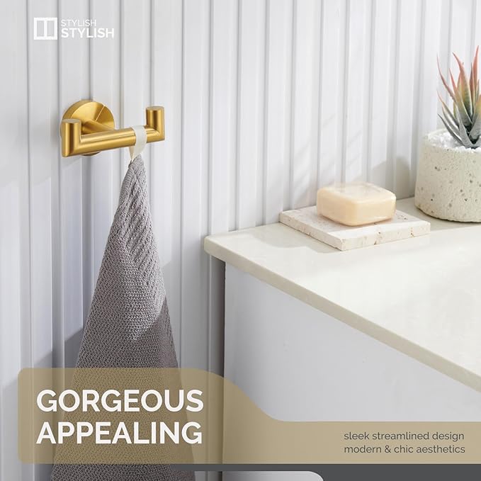 Angle Simple Bathroom Double Hook Brushed Gold, SUS304 Stainless Steel Bath Towel Holder, Double Robe Hanger Wall Mount