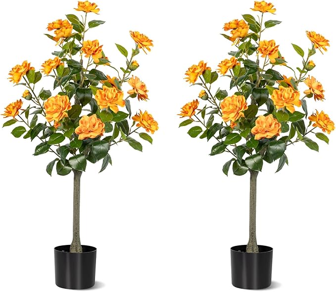 Artificial Camellia Tree 2 Pack, Artificial Plants Outdoor Faux Floral Plant in Cement Pot Fake Silk Camellia Tree Plants for Home House Living Room Office Decor