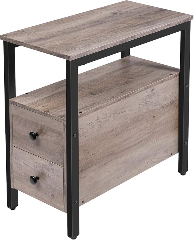 HOOBRO End Table, Narrow Chairside Table with Drawer and Open Storage Shelf, Nightstand for Small Spaces, Stable and Sturdy Construction, Wooden Look Accent Furniture, Greige and Black BG548BZ01G2