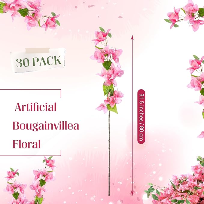 30 Pcs Artificial Faux Bougainvillea Fake Flower Silk Bougainvillea Branches UV Resistant Outdoor Indoor Decoration for Wedding Home Centerpieces Outside Decor (Pink)