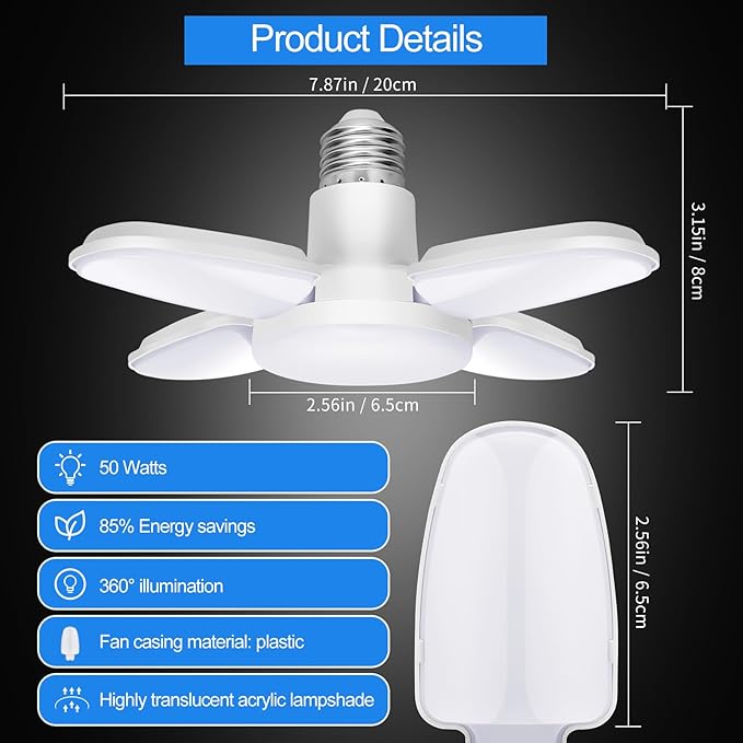 4Pack LED Garage Light Bulb,Mini 50W LED Garage Ceiling Lights 4 Adjustable Panels,5000Lumen Garage LED Light Bulb,E26 6500K Daylight LED Shop Lights for Garage,Kitchen,Indoor,Attic Light