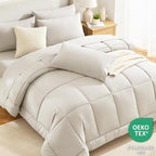 CozyLux Oversized Queen Comforter Sets Beige, 7 Pieces Bed in a Bag, Ultra-Soft All Season Bedding Sets with Stitch Quilted Comforter, Flat Sheet, Fitted Sheet, Pillowcases, Beige