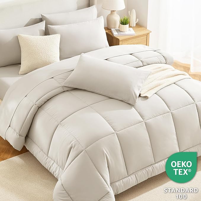 CozyLux Oversized Queen Comforter Sets Beige, 7 Pieces Bed in a Bag, Ultra-Soft All Season Bedding Sets with Stitch Quilted Comforter, Flat Sheet, Fitted Sheet, Pillowcases, Beige