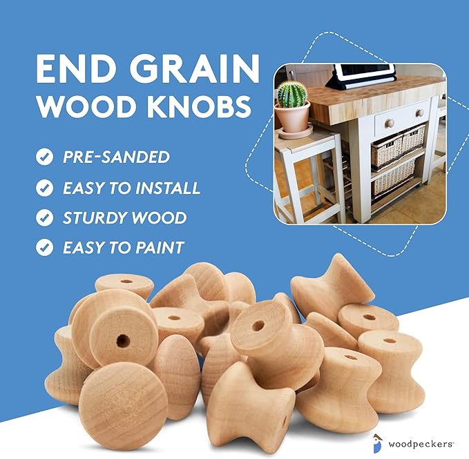 Woodpeckers End Grain Large Wooden Knobs 2 inch for Bifold Closet Doors, Dresser, Cabinet, Pack of 50 Unfinished Knobs for Crafts, Knob Replacement, Furniture