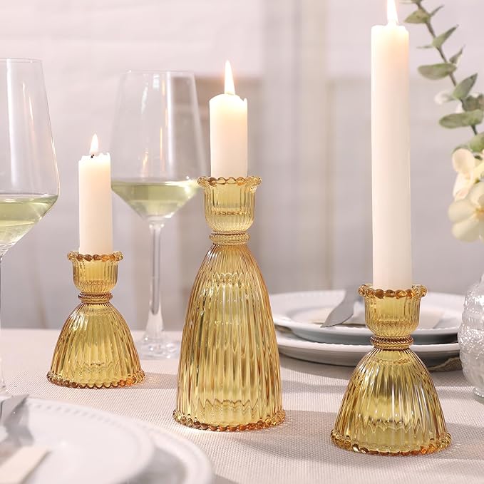 6 Pcs Amber Glass Candlestick Holders (3.5"/6", Assorted)- Tall Taper Candle Holders with Vintage Design, Candle Stick Holders in Bulk for Fall Party Decor, Amber Candle Holder for Tapered Candles