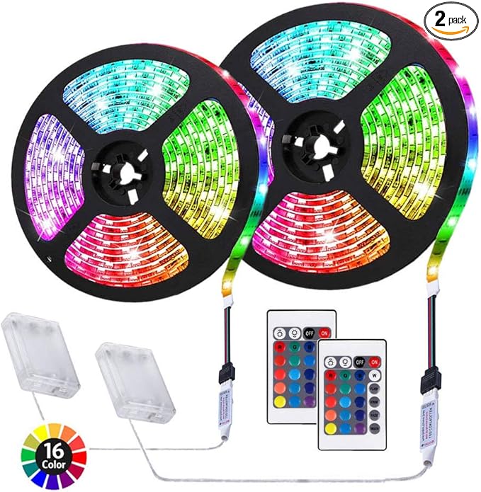 ACONDE 6.56 feet Battery Powered LED Strip Lights, 24 Keys Remote Controlled, DIY Indoor Decoration, 2 Pack