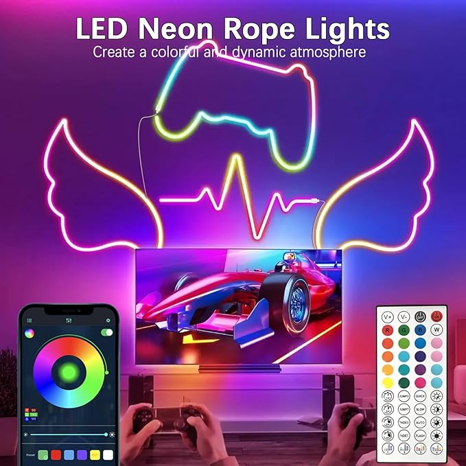 EJ's SUPER CAR 30Ft Neon Rope Lights, Flexible LED Strip Lights with App Remote, Outdoor IP65 24V RGB Rope Lights for Bedroom, Music Sync Gaming Led Neons Light Strip for Outdoors Decor